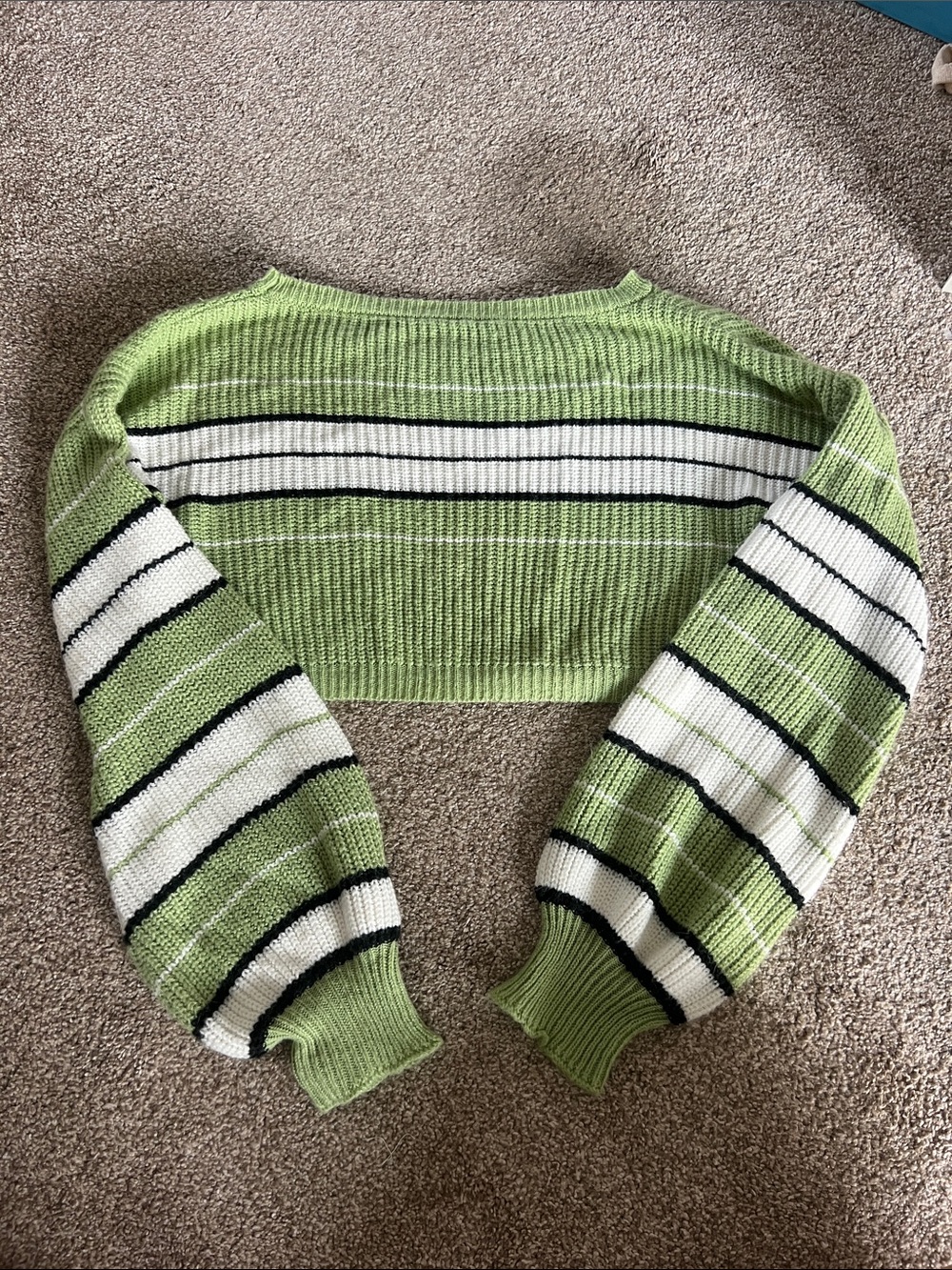 SHEIN Lime Green White Black Striped Off-Shoulder Cropped Sweater